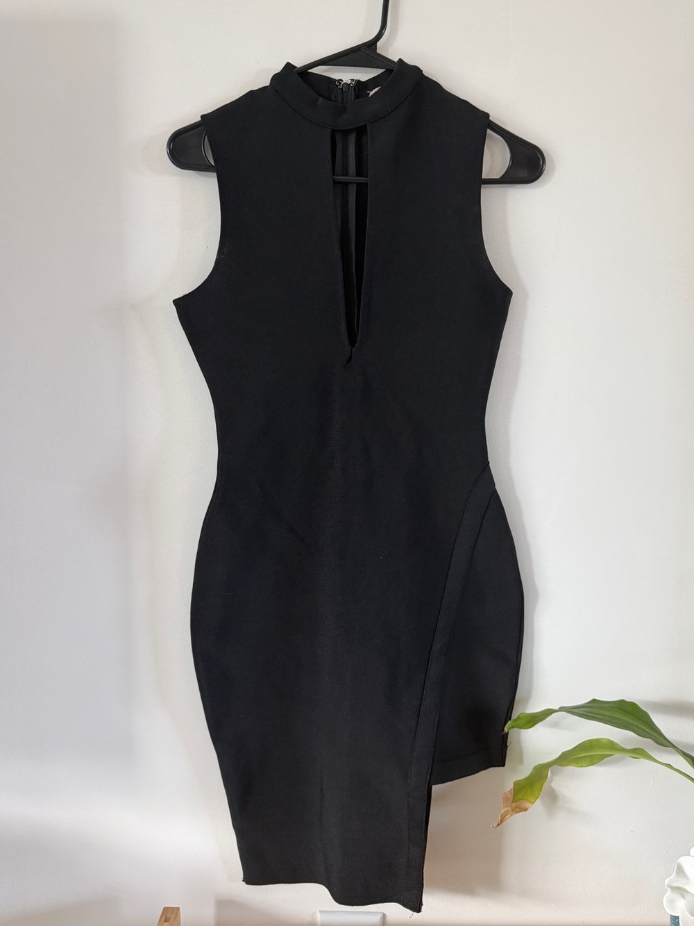A.Peace Black Bodycon Dress Asymmetrical Hem Keyhole Neck Size S